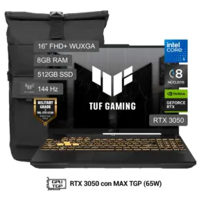 ASUS TUF GAMING F16 FX607VJR-TU302W, Intel Core 5 205H, 512GB SSD, RTX 3050, 16" WUXGA, Windows 11 / Incluye mochila ASUS